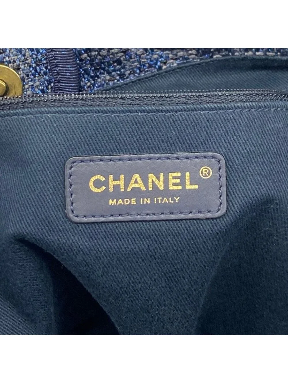 Chanel Tote Bag Deauville Tweed Blue Gold